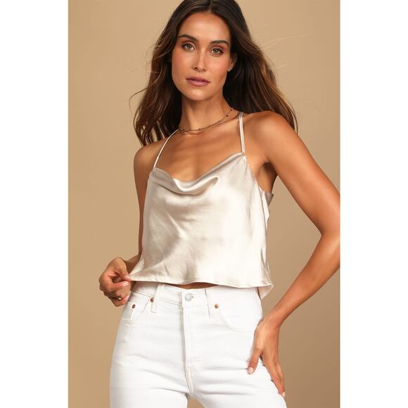 Lulus Hold Onto Love Beige Satin Cowl Neck Cami Tank Top L NWT - Picture 1 of 6